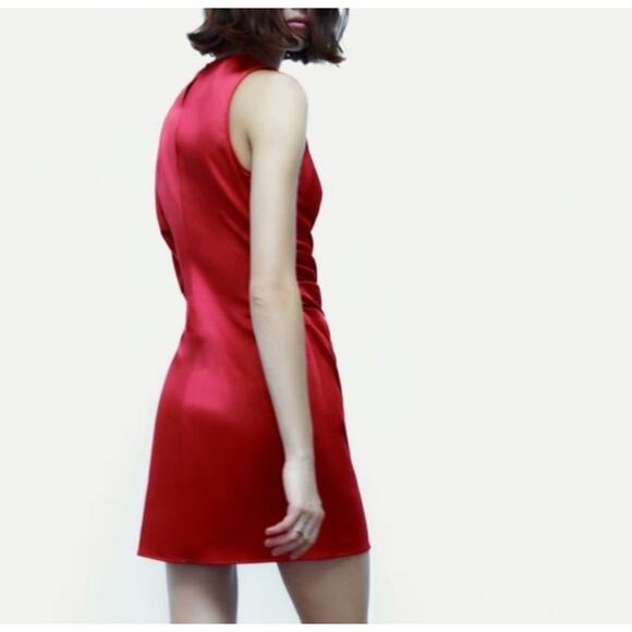 Zara Red Satin Christmas Dress Plus Size XXL One Sleeve Mini - Picture 3 of 13